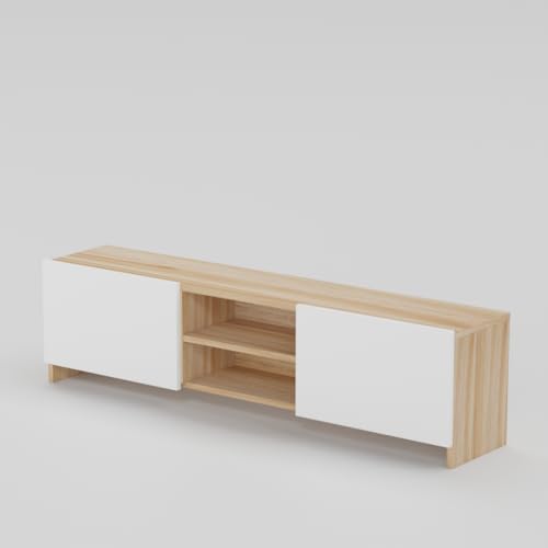 Image of Modern Living Room TV Stand with Open Display Compartment, Dual Side Storage Units, and Clean Contemporary Design for Home Decor | Assembly-DIY | Color-Asian Light & White