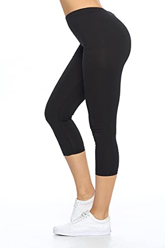 Khanomak Women's High Rise Waist Fitted Cotton Capri Cropped Leggings Pants(Black, M)