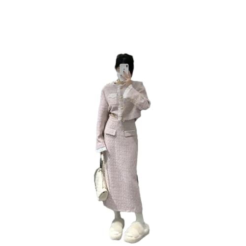 Women's Skirt Sets Pink O-Neck Flounce Short Coat+High Waist Wrap Hip Mid Length Skirt Small Fragrance Two Piece Clothing