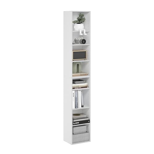 Image of Furinno PASIR Book Shelf, 8-Tier Bookshelf, Bookcase with Open Shelf, 9.3 x 11.8 x 70.9, for Living Room, Bedroom, Home Office, White