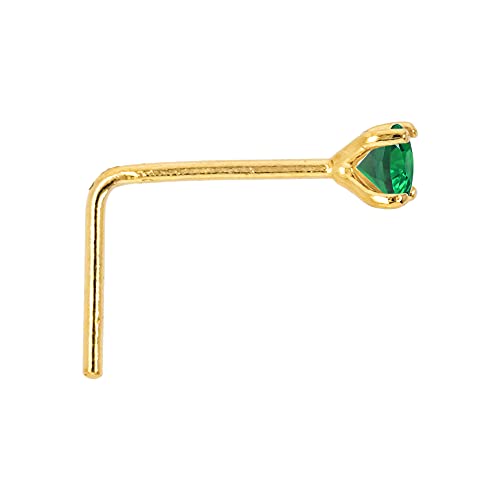 22G Solid 14Kt Gold L-Shape Nose Stud With Real Emerald Gemstone, 14Kt Yellow Gold Or 14Kt White Gold Prong Setting - May Birthstone Nose Ring-Lsyg_Ed-2.5Mm #TOP1