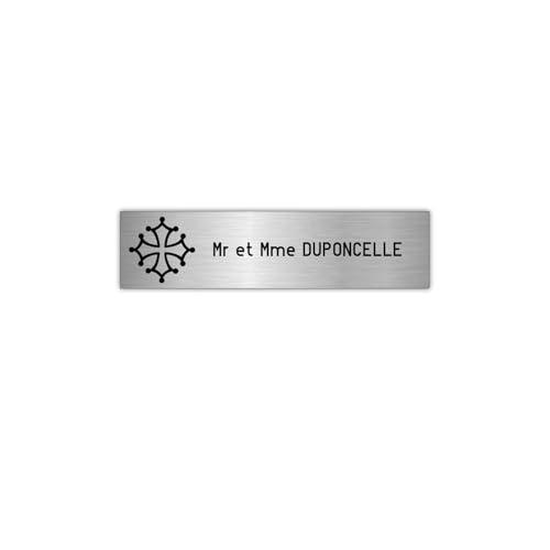 DECOHO - Plaque Boite aux Lettres en Plastique bi-Couche Argent Lettres Noires - 100x25 mm adhésive Personnalisable 1 Ligne Croix Occitane - Argent