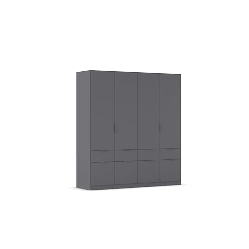 Rauch Möbel Dundee, Kleiderschrank, Schrank, Garderobe, Organizer, 4-türig, 8 Schubladen, Farbe Grau metallic, Schwarz, Kurze Griffleiste Grau metallic, 181x197x54cm