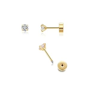 Renkovte Flat Screw Back CZ Stud Earrings,Small Flat Back Cubic Zirconia Stud Earrings for Helix Cartilage Tragus Earlobe Piercing for Women,2mm CZ 3mm CZ 4mm CZ Gold Color
