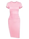Short Sleeve Midi Tshirt Dress - Missufeintl Women's Casual Bodycon Ruched Fitted Sundress (Pink, Medium)