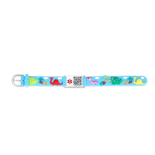 Image of LinnaLove Medical Alert ID Bracelet - Custom or Pre-Engraved, QR Code Available,Blue Dinosaur Band