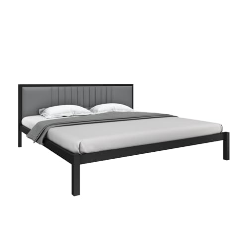 Image of Homdec Venus Wall-Supported Upholstered Headboard Metal Bed (Black, King (U.K. Standard))