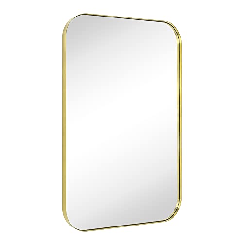 Vana Nala 24X36'' Brushed Brass Rounded Rectangle Bathroom Vanity Wall Mirror Gold Stainless Steel Metal Framedrectangular Bathroom Mirror, Vertical And Horizontal Hanging #TOP1