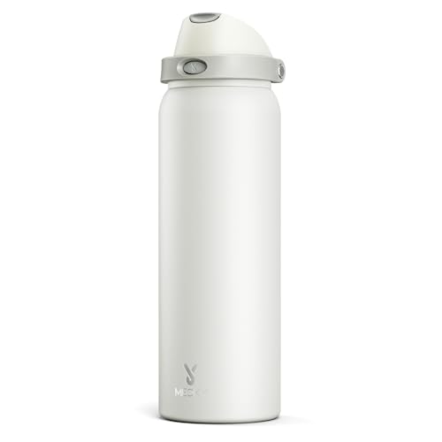 Image of 40 oz Insulated Water Bottle with Straw: Meoky Stainless Steel Metal Water Bottle with 2-in-1 Lid - Leak Proof, Cold for 24 Hours, Protective Silicone Base, BPA-Free for Sports Gym, Ivory