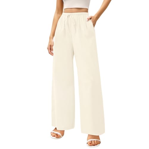 Womens Linen Pants Summer Wide Leg with Pockets Cotton Linen Palazzo Pants High Waist Drawstring Casual Lounge Pant