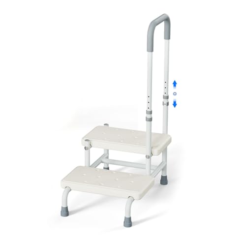 Step Stool with Handles for Elderly-Bed Stools with Adjustable Handrails and Non-Skid Platform,Foot Stool for Bedside (White 2 Step Stool)