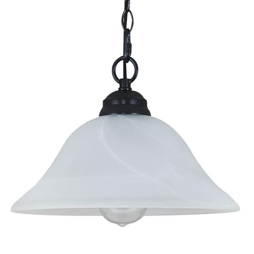 SHENGQINGTOP Plug in Pendant Light Alabaster Glass Shade 15.7" D Hanging Lamp with On/Off Switch,16.4Ft Cord & 14.7Ft Chain Dimmable Black Swag Light Fixture for Kitchen Sink Bar Nook by SHENGQINGTOP - Used condition - Image 2