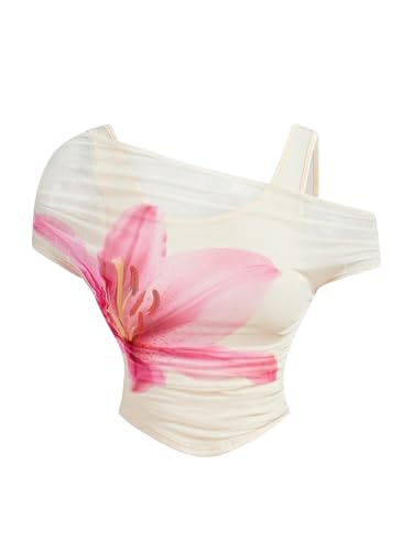 WDIRARA Girl's Floral 2 in 1 Off Shoulder T Shirts Ruched Short Sleeve Tee Mesh Tops