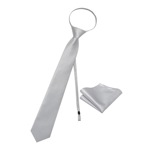Image of YourTies Zipper Tie for Men Adjustable Pre-tied Satin Neckties and Pocket Square Set Solid Color Business Formal Wedding