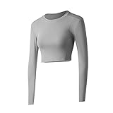 TOFBS Damen Crop Top Langarm Sportshirt Sexy Sport Oberteil Bauchfrei Sommer Laufshirt Funktionsshirt Atmungsaktiv Leicht Yoga Fitness Shirts Schnelle Trockene Sporttop (L, Grau)