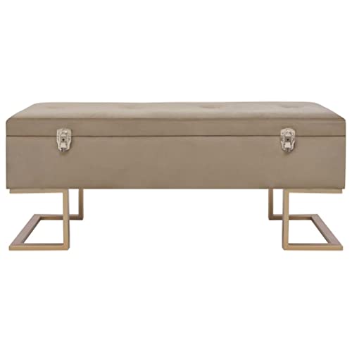 Banc avec compartiment de rangement en velours de luxe beige et pieds dorés géométriques - 4