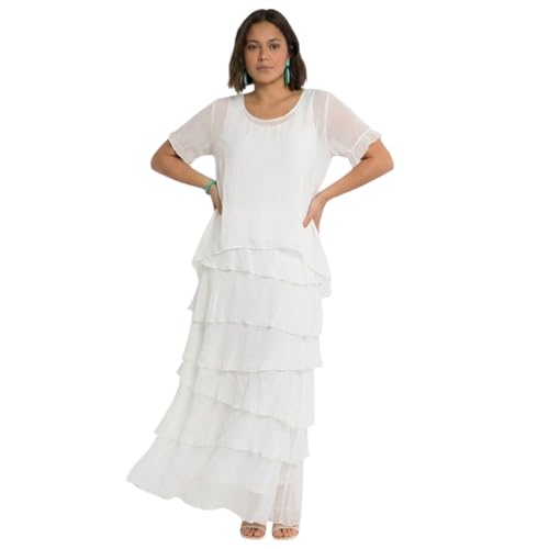 Image of Alam Exclusive Ladies Womens Italian Lagenlook Plain Short Sleeve Frill Frayed Detail Silk Midi Maxi Dress One Size (as8, Numeric, Numeric_8, Numeric_16, Regular, Regular, White)