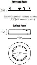 Dimensional drawing for Nora Josh LED Puck Light, showing recessed and surface mount dimensions