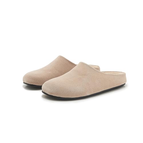 Image of Women's Suede Clogs Round Toe Print Leather Mules Cork Footbed Clog with Arch Support Comfort Casual Slip-on Fall Shoes