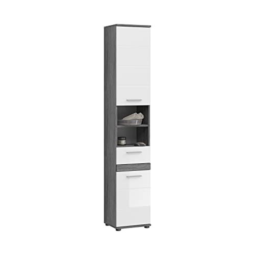 xonox.home - Hochschrank Blake 35x191x31 cm in Front weiß Hochglanz Korpus rauchsilber Nb - Badezimmer Badschrank schmaler Badezimmerschrank - modern, platzsparend und funktional