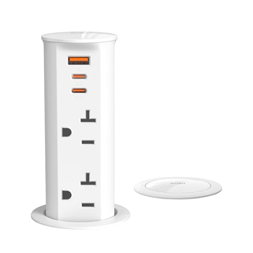 Image of ANNQUAN 20 Amp 2 inch Pop Up Outlet for Countertop with PD20W USB Ports,Pop Up Socket with 2 Outlets 3 USB Ports for Home Office Kitchen White
