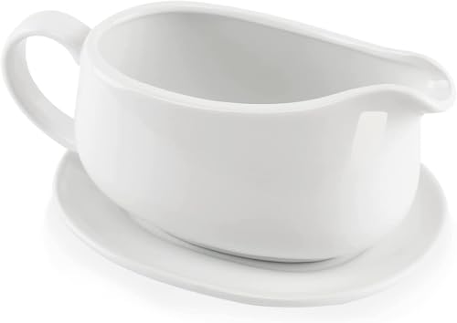 17oz Gravy Boat with Saucer Stand Ceramic Sauce Boat with Tray for Salad Dressings, Creamer, Broth, Black Pepper