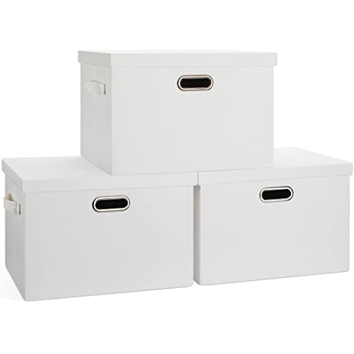 Graciadeco Large 17" 36 Quart Collapsible Stackable Storage Bins with Lids, 3 Packs White Linen Fabric Closet Boxes with Lids, Storage Cube Baskets Container Organizers for Bedroom Office(17 x12 x11)