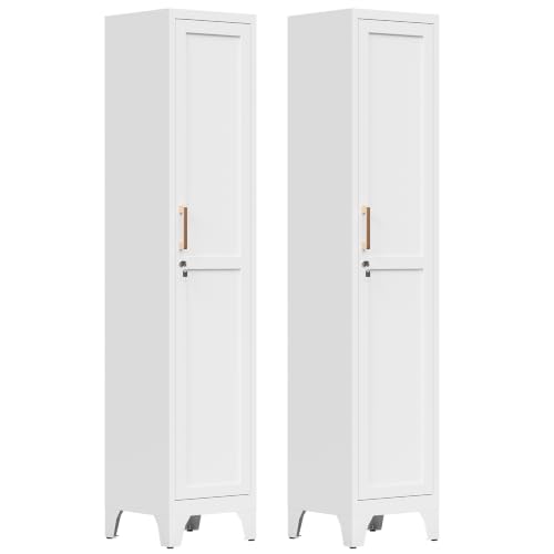 Image of 67 inchH White Metal Locker with 1 Lockable Door and 4 Adjustable Shelves For Employees, 5 Tier Thin Storage Cabinet with Detachable Legs and Gold Handle for Kitchen,Office,Gym,School,Easy Assembly 2Pcs