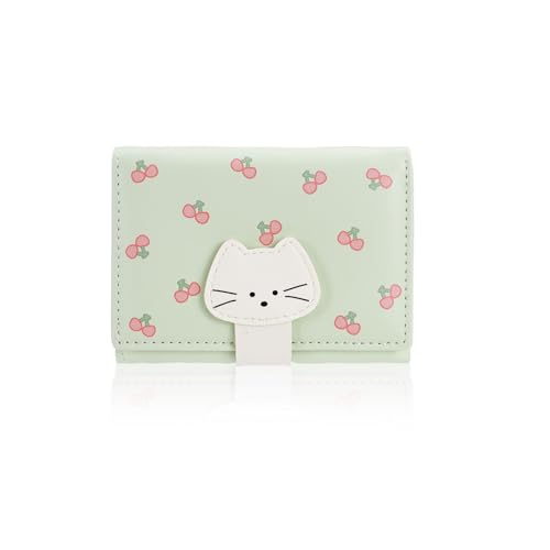 Small Ladies Wallet, Creative Cat Snap Cute Wallets for Women PU Leather Credit Card Holder Slim Trifold Wallet with ID Window for Ladies (Green)