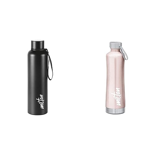 Image of Milton Aura 1000 Thermosteel Bottle, 1.05 Litre, Black & Milton New Tiara 900 Stainless Steel Water Bottle, 750 ml, Rose Gold
