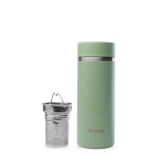 Qwetch - Théière Isotherme Nomade 400ml - Infuseur avec 2 Filtres - 12h Chaud / 24h Froid - Étanche, Réutilisable &amp; Durable - Pour Thé, Café, Tisane, Fruits (Vert Tilleul)