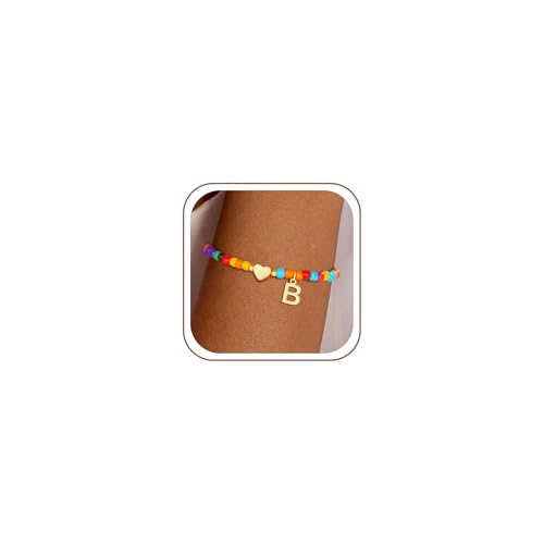 Image of Eaciy Colorful Initial Bracelets for Women Girls - Trendy Beaded Heart Initial Bracelet Teen Girl Gifts Trendy Stuff Bohemian Gold Letter Bracelet Personalized Gifts for Women Girls Jewelry