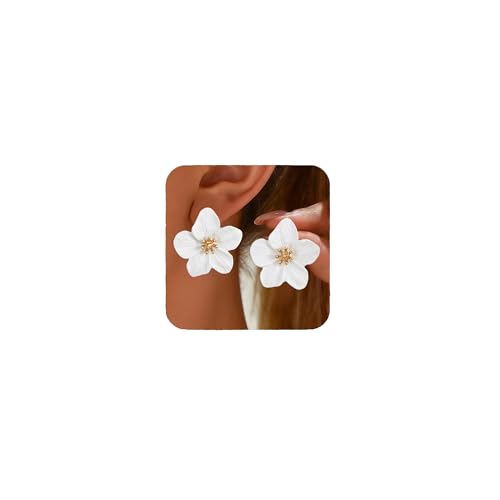 Large Gold Flower Earrings for Women Chunky Petal Design Stud Earrings Lightweight Hypoallergenic Stainless Steel Jewelry for Party Holiday Festive Fall Outfits Elegant Gifts for Her-white