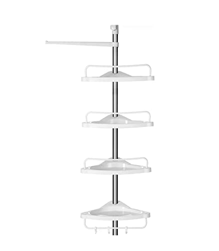 SONGMICS Étagère de Douche Télescopique, Étagère d’Angle de Salle de Bain, Hauteur 95-300 cm, du Sol au Plafond, Poteau en INOX, 4 Plateaux, 3 Crochets, 1 Porte-Serviettes, Blanc et Argent BCB02SW