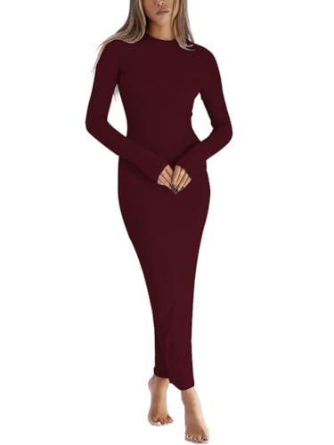 Image of Dressmine Women Long Sleeve Bodycon Maxi Dresses Sexy Wedding Party Pencil Dress Fall Trendy Casual Ribbed Midi Dress 2026