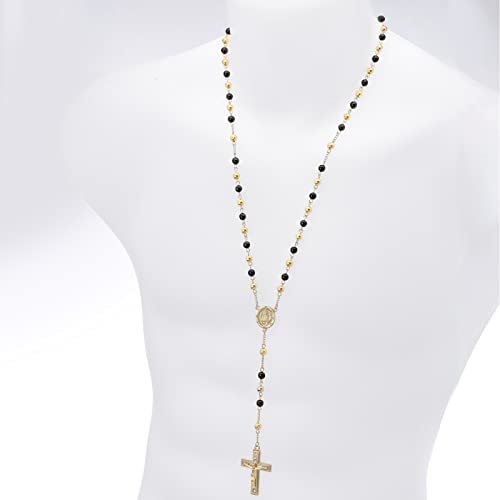 metaltree98 Rosary 6 mm Black Bead Gold and Silver Tone Guadalupe & Jesus Cross 28" Necklace HR 6003