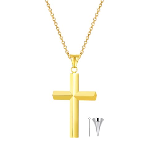 10K Gold Cross Urn Necklace for Ashes, 10K/14K/18K Real Gold Cross Cremation Necklace Jewelry for Women Men Keepsake Pendant Necklace Memorial Locket Ash Holder