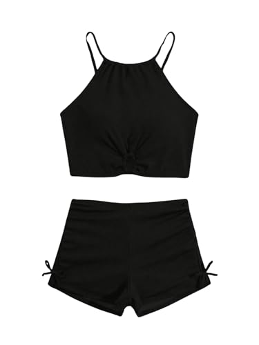 Image of RoseSeek Girl's 2 Piece Swimsuits O Ring Drawstring Sleeveless Cute Bikini Set High Waisted Bathing Suit Black 15Y