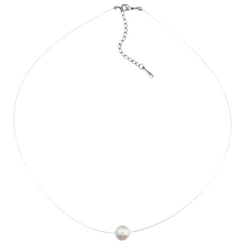 Ditz Damen Nylonkette Kette mit schwebender Perle Perlenkette Nylon Halskette Perle-Anhänger Perlenschmuck Weiß 8mm Brautschmuck Geschenk Cover