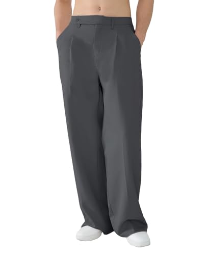 Susclude Mens Casual Dress Pants Pleated Old Money Wide Leg Baggy Pants Slacks Relaxed Fit Lightweight Work Trousers