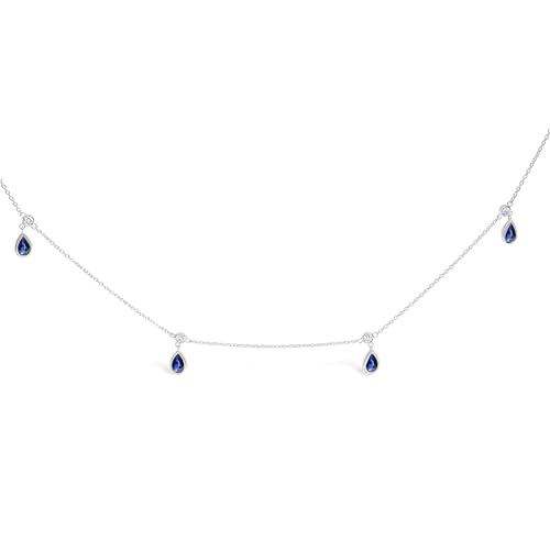 10K White Gold Dangling 5x3 mm Pear Blue Sapphire and Diamond Station Necklace - 18" Inches