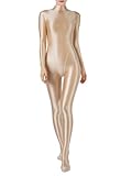 YiZYiF Women Glossy Bodystocking Catsuit Bodysuit High Neck Long Sleeve Full Body Jumpsuit Shapewear Nude Medium