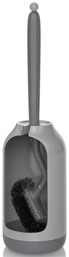 HAMITOR Toilet Bowl Brush Holder Set: Bathroom Deep Cleaning Toilet Cleaner Scrubber Under Rim with Curved Bristle for Dead Corner Clean - Hidden Rv Toilet Decorative Accessories with Caddy- Gray