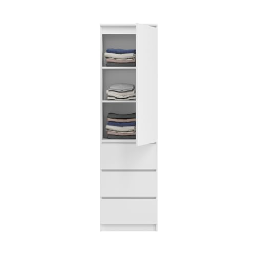 Kleiderschrank, Garderobenschrank, Mehrzweckschrank mit 3 Einlegeböden & 3 Schubladen | kompakter und funktionaler Schrank für Schlafzimmer, Flur oder Arbeitszimmer | 50x40x180 cm (BxTxH) | Weiß