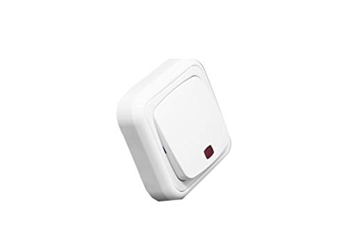 Pulsador luminoso de superficie, color blanco, ideal para indicar presencia y facilitar el encendido de luces en espacios interiores.
