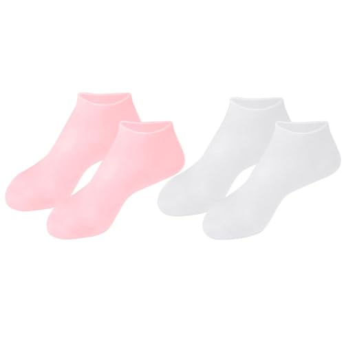 COMPUKAS 2pares Calcetines Hidratantes Sebs para Pies Secos y Agrietados Blanco y Rosa Protección y Reparación Profunda Calcetines Cubre Pies para Spa y Cuidado Exfoliante