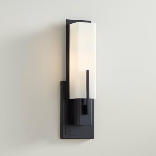 Image of Possini Euro Design Midtown Modern Wall Light Sconce Black Hardwired 4 1 /2 inch Fixture Opal White Glass Rectangular Shade for Bedroom Bedside Bathroom Vanity Living Room Hallway Dining House Kitchen