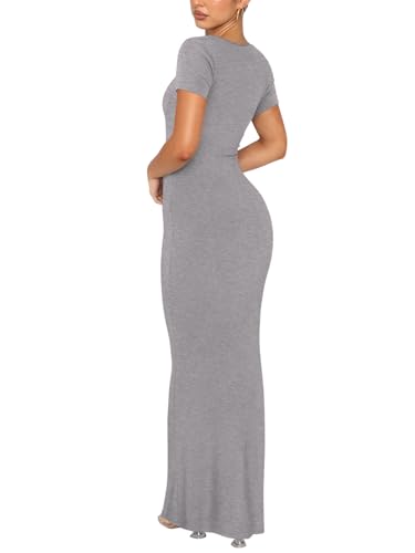 REORIA Womens Summer Square Neck Short Sleeve Long Dress Formal Wedding Guest Elegant Ribbed Bodycon Maxi Dresses3