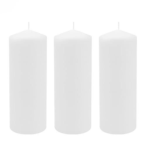 Image of Stonebriar 3 Pack Tall 3 x 8 Inch 80 Hour Long Burning Unscented White Wax Pillar Candles