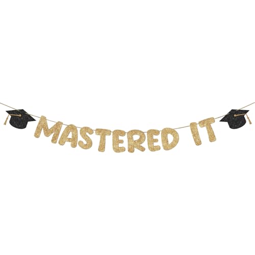 Fulmoon Pre Strung Mastered It Banner No DIY Glitter Graduation Party Banner Masters Degree Graduation Decorations College Grad Party Decorations (Champagne Gold)